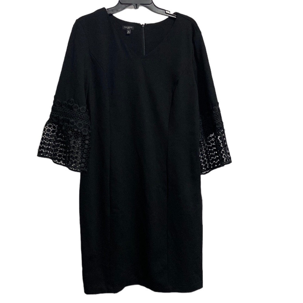 Talbots V-Neck Sheath in Black Crochet Lace Bell Sleeve Stretch Dress Sz 16P